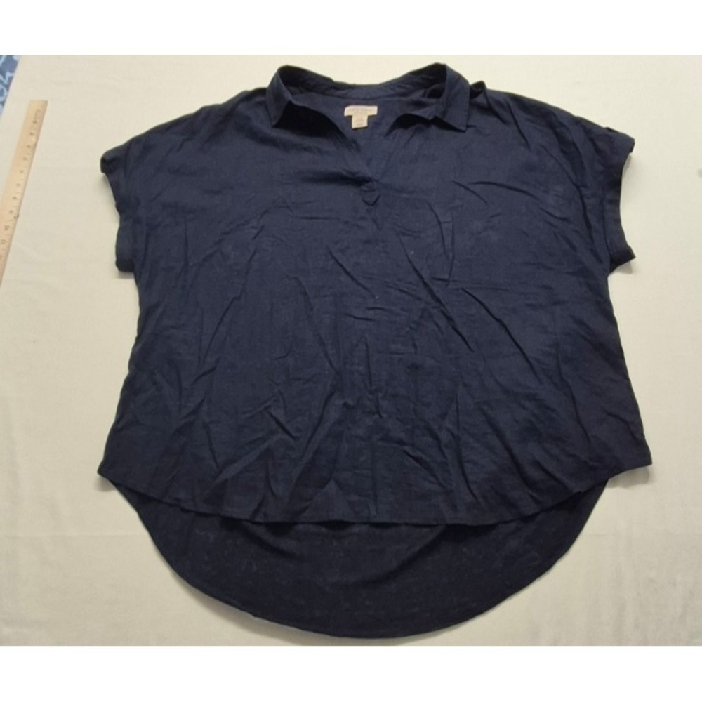 Martha Stewart womens navy blue linen blend top plus size 2X collared hi-low hem
